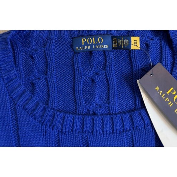 Polo Ralph Lauren XXL ROYAL BLUE CABLE Knit Crew-Neck Sweater GREEN PONY NEW - Picture 10 of 11